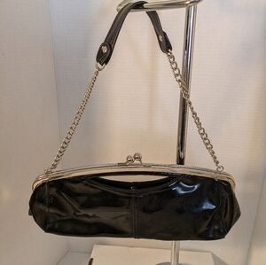 Black patent leather purse by NYC by Perlina with shoulder strap and kiss lock